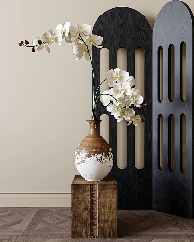 Brown And White Ceramic Vase With White Orchid Blooms On Wooden Stand By Black Partition 3d model