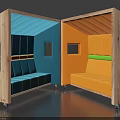 Wooden Play Cabins with Blue and Orange Padded Seats Windows and Rolling Wheels for Kids