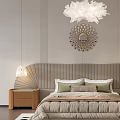 Modern Double Bed with Curved Headboard Beige Quilt Green Pillows Wooden Nightstands White Feather Chandelier