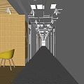 Elevator Hallway Interior Featuring White Walls Ceiling Linear Lights Yellow Tiled Wall And Chair 3d model