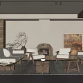 Minimalist Living Room Interior With Fireplace Sofa Armchairs And Decorative Painting