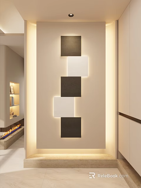 Modern Entryway Hallway Interior Design With Wall Decor Lighted Square Dark And Light Panels 3d model