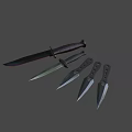 Collection of Tactical Knives with Black Handles Different Sizes and Sharp Blades