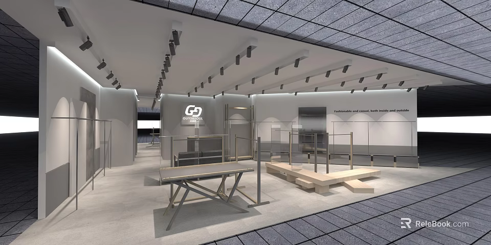 Modern Minimalist Clothing Store Interior With Display Racks Lighting And Fitting Rooms 3d model 
