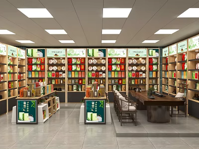 Tea Specialty Store Interior Featuring Shelves With Displayed Tea Products Green Labels And Wooden Elements 3d model