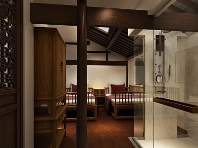 Traditional Chinese Style Hotel Guest Room With Twin Beds Wooden Furniture And Shower Area 3d model