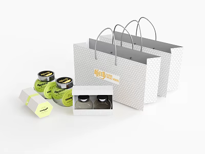 Stylish Decorative Ornament Set With White Shopping Bags Green Jars Black Lids And Open Box 3d model