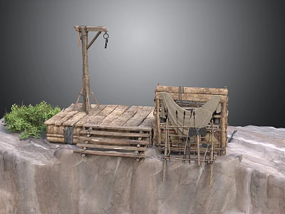 Rustic Wooden Platform Structure On Cliff Edge With Sling Steps And Greenery 3d model