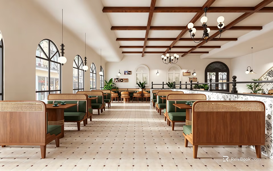 Spacious Restaurant Interior With Wooden Ceiling Beams Chandeliers Arched Windows Green Cushioned Seats And Plants 3d model 