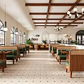 Spacious Restaurant Interior With Wooden Ceiling Beams Chandeliers Arched Windows Green Cushioned Seats And Plants