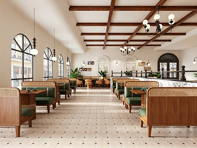 Spacious Restaurant Interior With Wooden Ceiling Beams Chandeliers Arched Windows Green Cushioned Seats And Plants 3d model