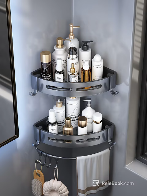 Bathroom Corner Two Tier Curved Metal Wall Mounted Storage Shelf for Skincare Products 3d model 