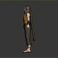 Woman wearing yellow vest and brown pants with shoulder sash standing arms outstretched adventurous warrior