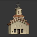 Cream Colored Chapel Building With Red Tiled Roof Arched Windows And Tower Ornamental Top