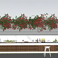 Red Flowering Vines Draping Over Outdoor Bar Counter With White Stools And Blue Sky Background