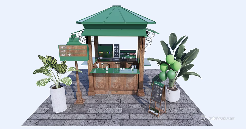 Coffee Tea Kiosk With Green Roof And Wooden Counter Surrounded By Potted Plants And Signboard 3d model 