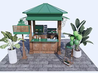 Coffee Tea Kiosk With Green Roof And Wooden Counter Surrounded By Potted Plants And Signboard 3d model