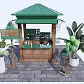 Coffee Tea Kiosk With Green Roof And Wooden Counter Surrounded By Potted Plants And Signboard