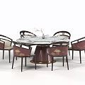 Modern Round Marble Top Dining Table Set With Patterned Wooden Chairs 3d model
