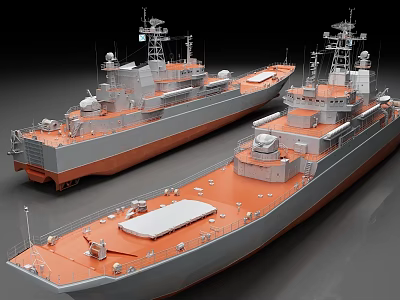 Modern Military Warships 3D Model With Gray Orange Hull Radar Antennas And Deck Structures 3d model