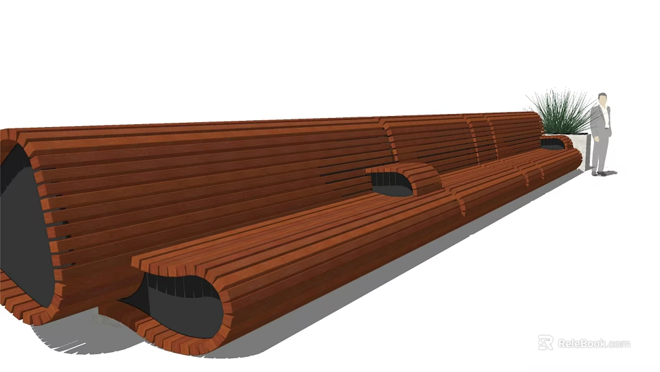 Outdoor Wooden Landscape Seats With Curved Slats And Circular Openings Design 3d model 