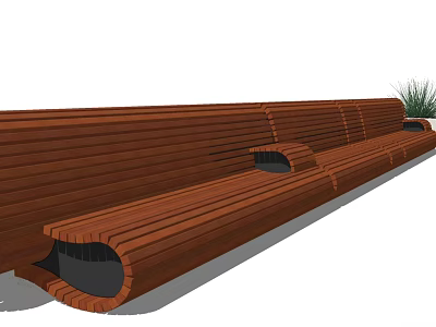 Outdoor Wooden Landscape Seats With Curved Slats And Circular Openings Design 3d model