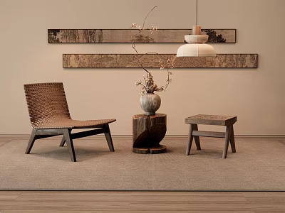 Minimalist Wicker Leisure Chair With Wooden Stool Ceramic Vase And Area Rug In Interior Space 3d model