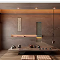 Zen Style Tea Room Interior With Long Wooden Table Tea Sets Calligraphy Scroll And Bonsai Tree