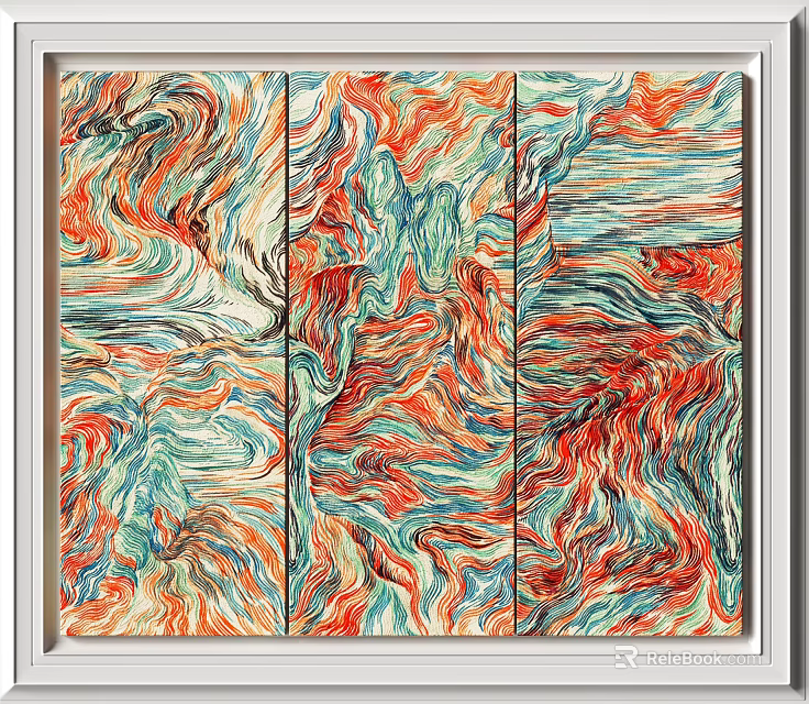 Dynamic Abstract Painting Triptych With Vibrant Red Orange Blue Green Swirling Wave Textures 3d model 