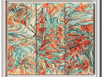 Dynamic Abstract Painting Triptych With Vibrant Red Orange Blue Green Swirling Wave Textures 3d model