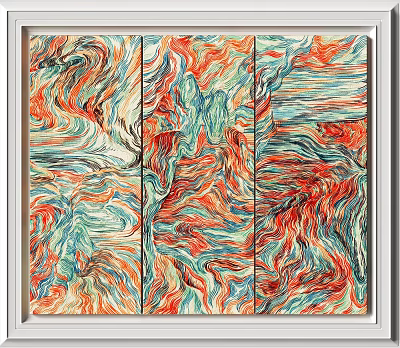 Dynamic Abstract Painting Triptych With Vibrant Red Orange Blue Green Swirling Wave Textures 3d model