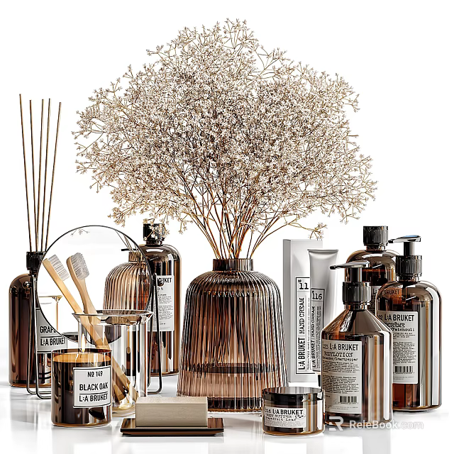 Stylish Bathroom Accessories With Brown Glass Bottles Reed Diffusers Glass Jars And Dried Flowers 3d model 