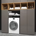 Modern Laundry Room With White Washing Machine Grey Cabinets Wooden Shelf And Clean Towels