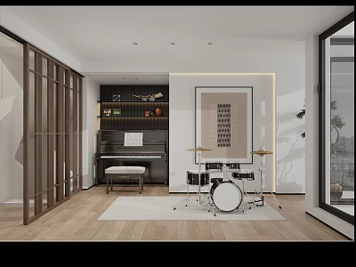 Modern Piano Room Interior Design With Piano And Wall Decor 3d model