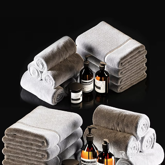 Luxury Bathroom Set With Soft Rolled Towels And Bath Toiletries 3d model 