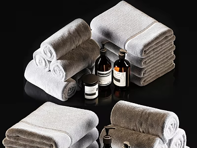 Luxury Bathroom Set With Soft Rolled Towels And Bath Toiletries 3d model
