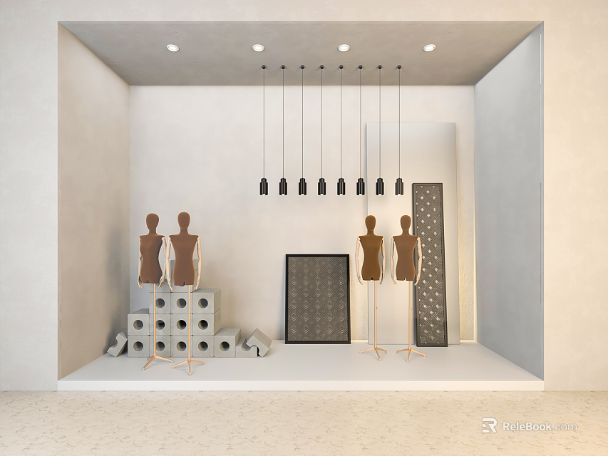 Shop Window Display with Four Mannequins Black Pendant Lights Stacked Cylindrical Decor and Patterned Screen 3d model 