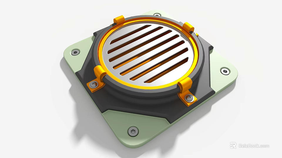 Industrial Equipment With Circular Metal Grille Yellow Fasteners And Green Square Base 3d model 