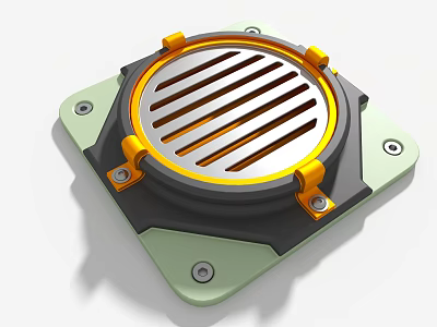 Industrial Equipment With Circular Metal Grille Yellow Fasteners And Green Square Base 3d model