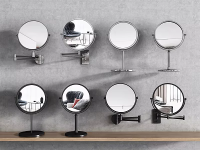 Round Mirrors with Metal Stands Wall Mounted and Tabletop on Gray Wall and Wooden Shelf 3d model