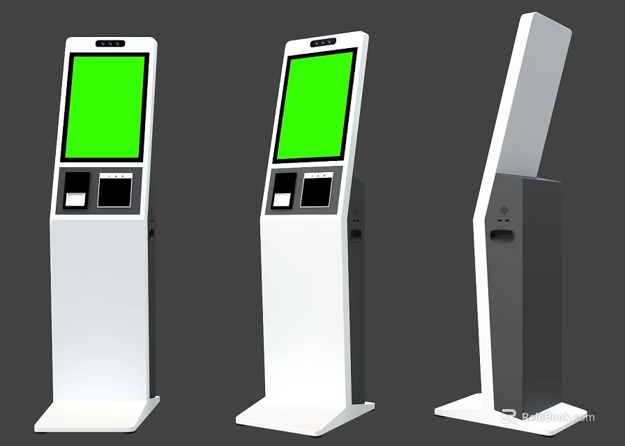 Modern Self Service Kiosks With Green Screens And White Design Displayed From Various Angles 3d model 