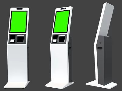 Modern Self Service Kiosks With Green Screens And White Design Displayed From Various Angles 3d model