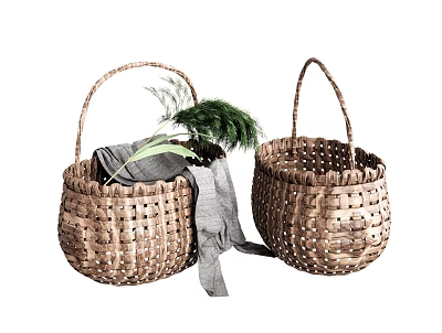 Two Handwoven Wicker Storage Baskets With Gray Fabric And Green Foliage 3d model