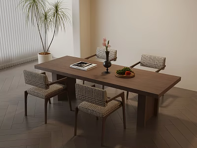 Dining Table Set With Wooden Top Woven Seats Chairs Vase Flowers Fruit Plate Magazine Green Plant 3d model