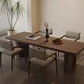 Dining Table Set With Wooden Top Woven Seats Chairs Vase Flowers Fruit Plate Magazine Green Plant