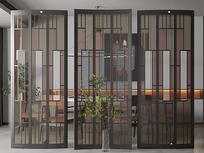 Modern Room Divider With Geometric Metal Frame And Glass Panels In Dining Area 3d model