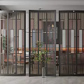 Modern Room Divider With Geometric Metal Frame And Glass Panels In Dining Area