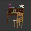 Wooden Writing Desk With Drawer Open Book Lamp Stacked Books Pen And Chair
