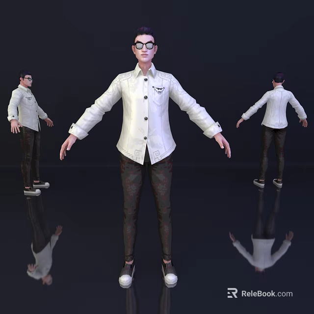 3D Model Of Man Wearing White Shirt Patterned Pants And Glasses With Multiple Angles 3d model 
