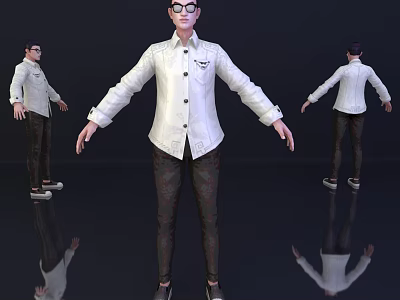 3D Model Of Man Wearing White Shirt Patterned Pants And Glasses With Multiple Angles 3d model